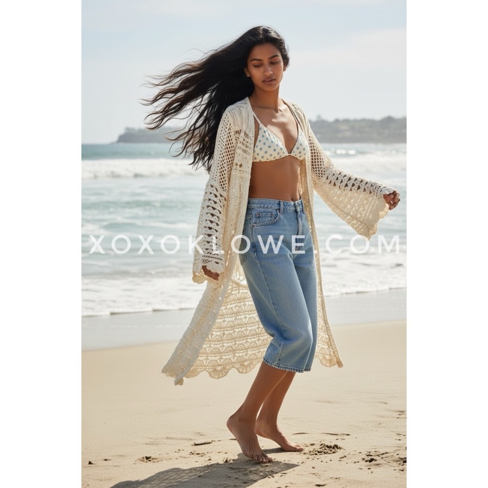 POL Cream Chenille Crochet Duster Cardigan | Long Open Knit Embroidered Boho - Picture 8 of 10